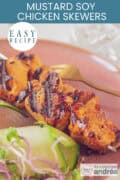 Two grilled chicken skewers on a pink plate with a cucumber salad. A caption at the top reads: "Easy recipe, mustard soy chicken skewers"