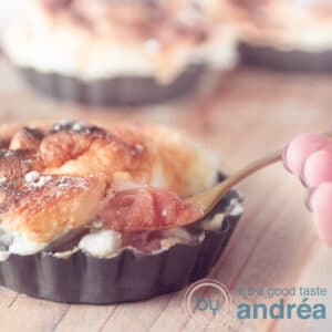 A square photo with a rhubarb pie with meringue. A fork takes a bite.
