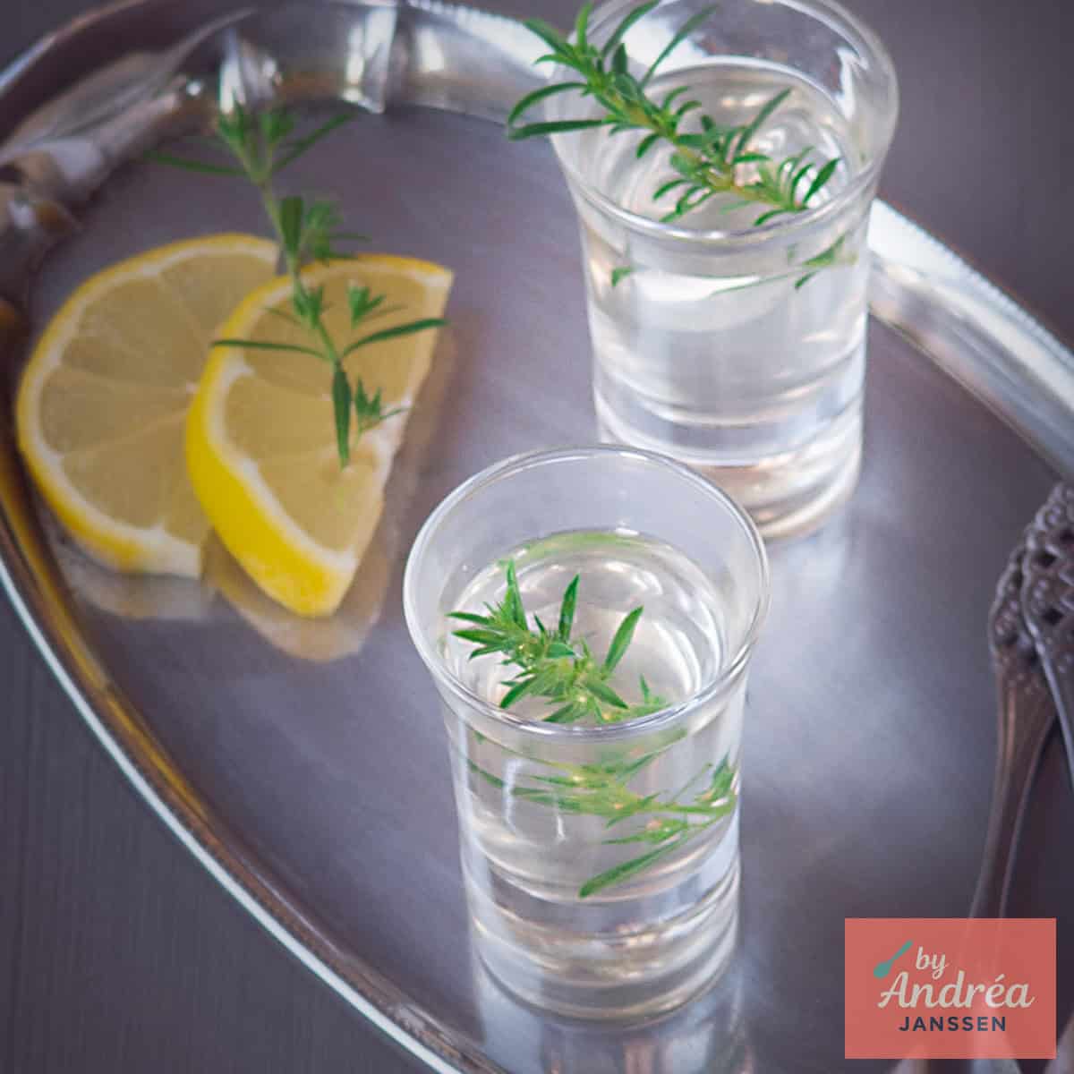 A square photo with a silver tray with two glasses of ouzo, lemon and rosemary.
