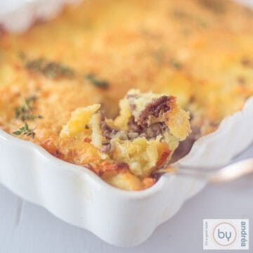 A square picture of part of a casserole with mashed potato gratin and ground beef. A spoon taken a scoop.