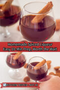 Pinterest graphic showing glasses of homemade spiced liqueur with cinnamon sticks and the text “Homemade Spiced Liqueur, Easy 10-Min Prep, Worth the Wait.”
