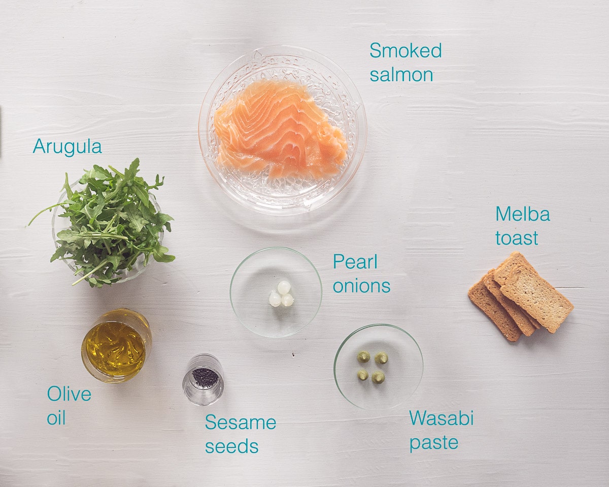 Ingredients Christmas amuse bouche salmon in arugula oil on a white background with text description