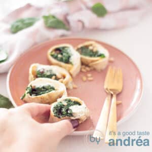 A square photo with a pink plate in the middle on the right side two gold forks. Around it vegetarian wrap snacks with spinach. A hand grabs a bite. At the top a pink white tea towel with spinach leaves.