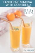 Two glasses of mandarin mimoxa with gold straws, a text at the top: easy recipe, mandarin champagne cocktail