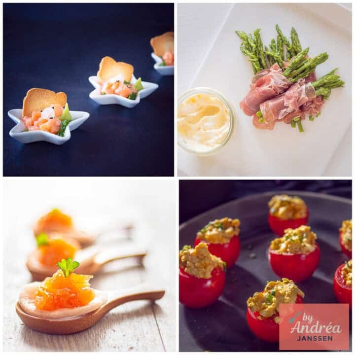 A square picture of a collage of 4 photos with amuse-bouche pictures.