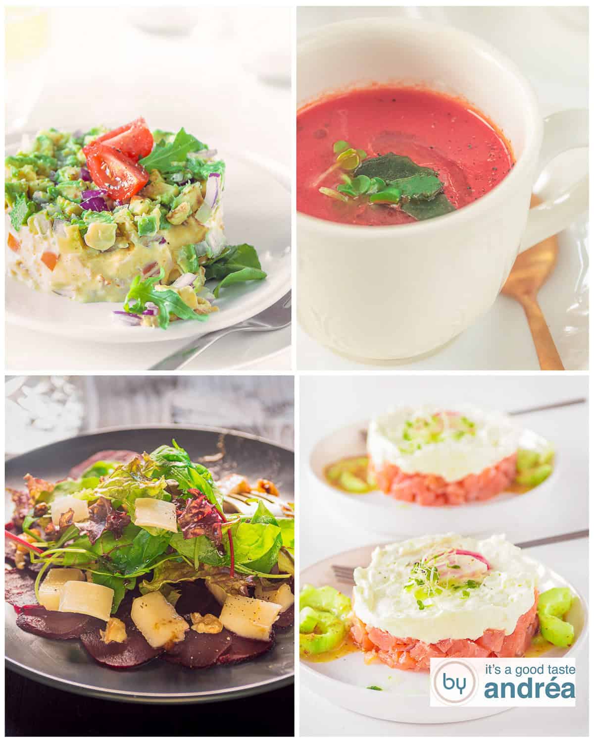 Een collage in de hoogte van vier foto's van voorgerechten