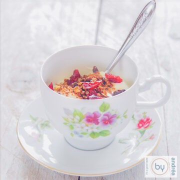 A square picture a cup and plate filled with muesli, pecans, yogurt and cranberries. A white background.