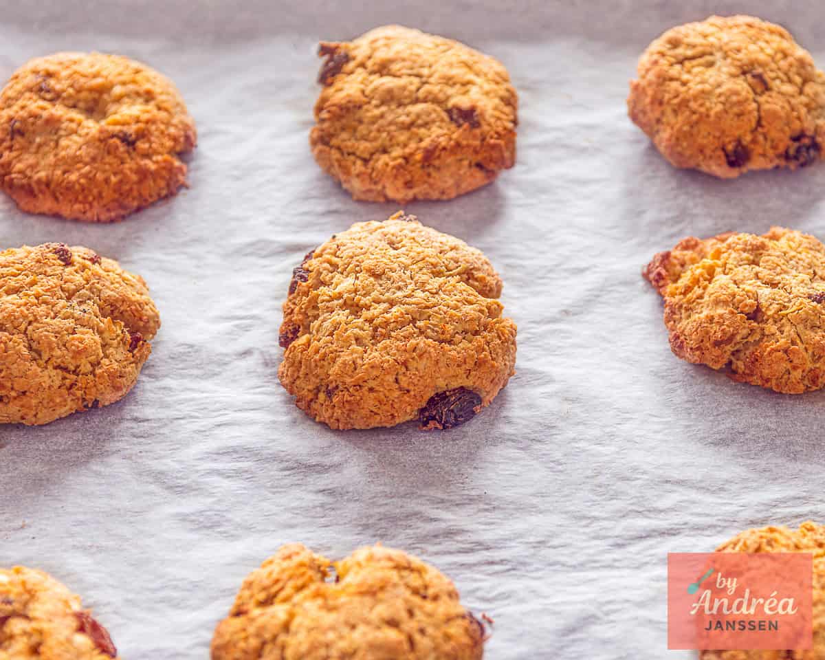 A baking sheet of baked oatmeal raisin cookies