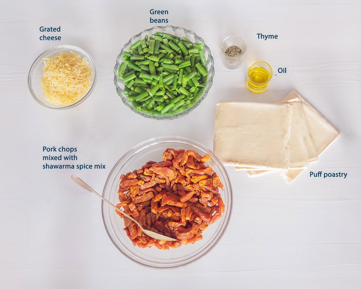 Ingredients Shawarma casserole on a white background with text