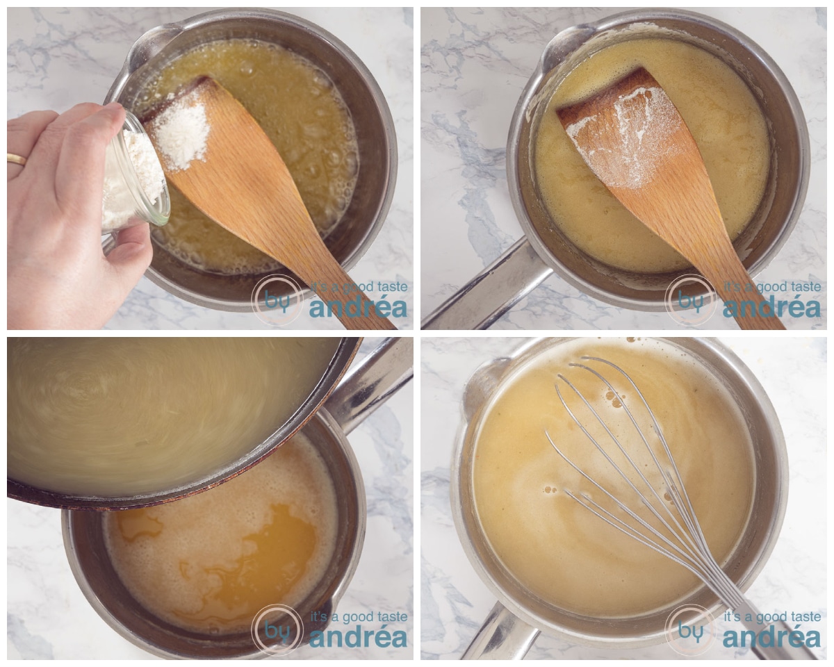 Make a roux and from there a white wine sauce
