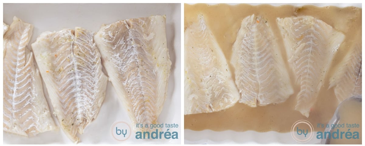 Put the cod fillets into the casserole and add the white wine sauce