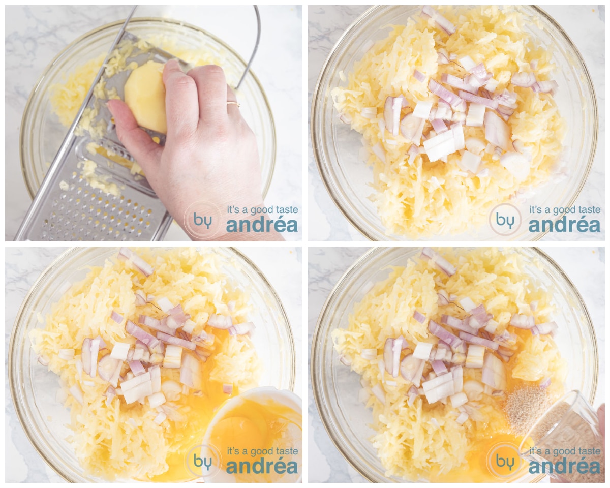 Grate the potato and add shallot, egg and breadcrumbs