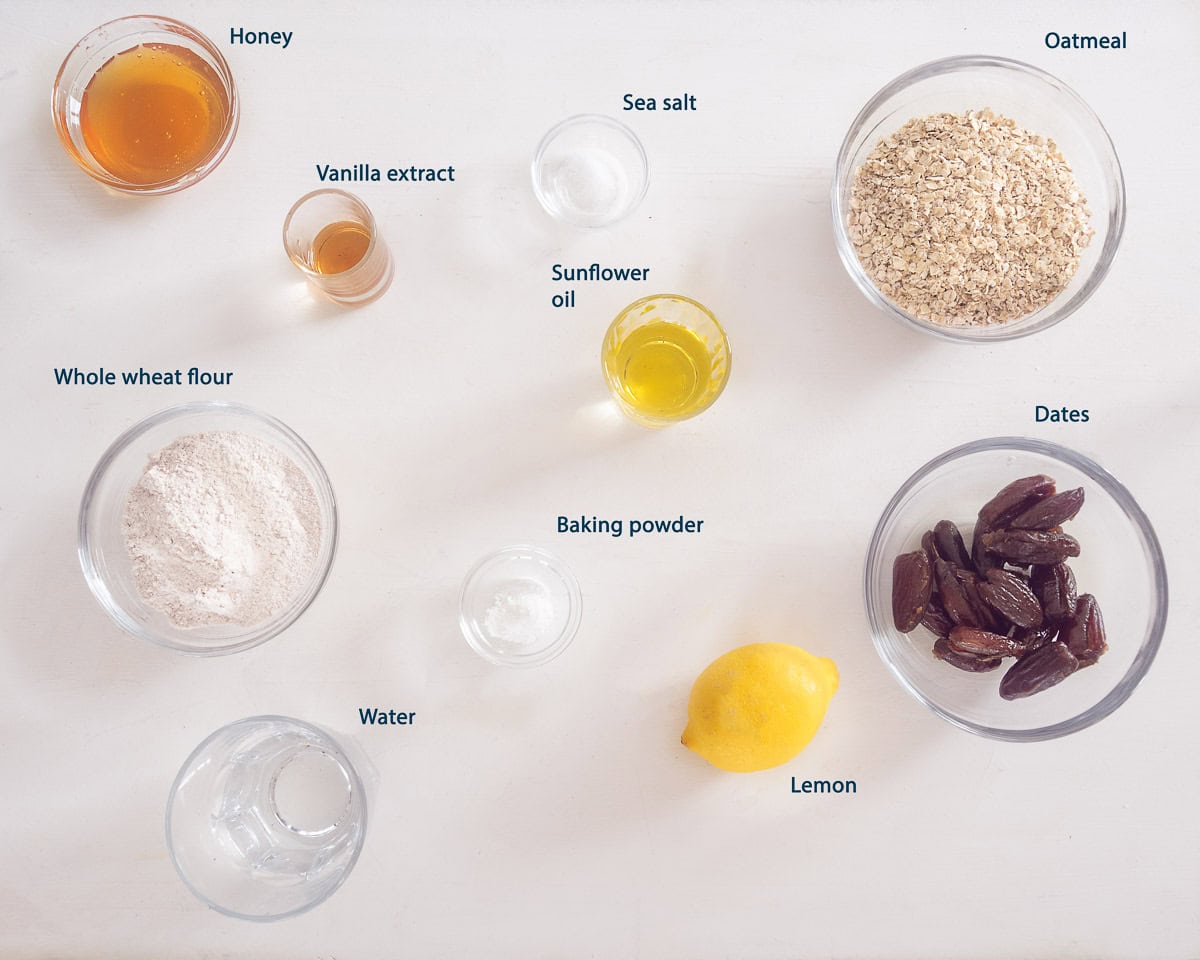 Ingredients Date Oatmeal Bars Recipe on a white background with text description