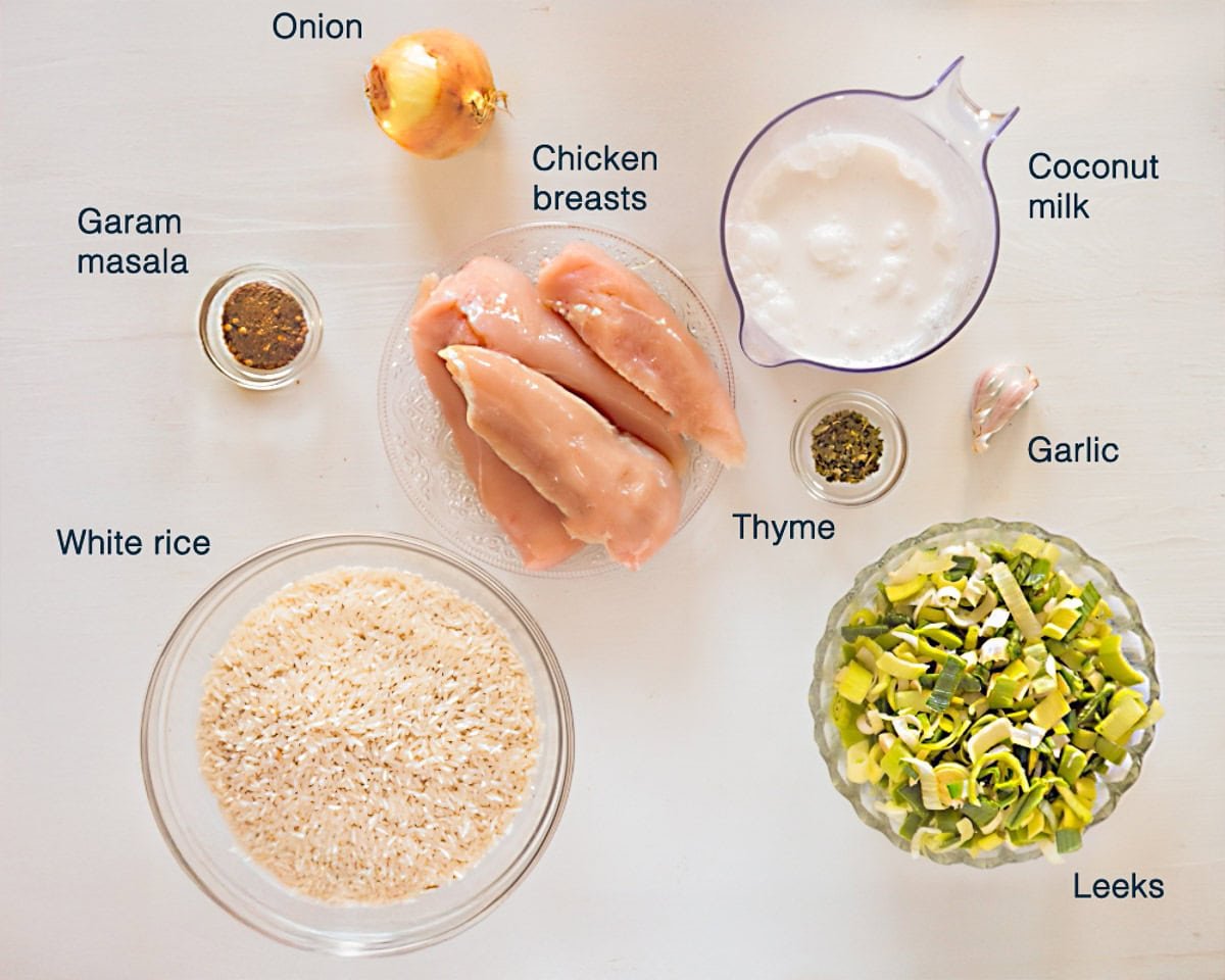 Ingredients One Pot Rice with Chicken (Oven Baked) on a white background with text description