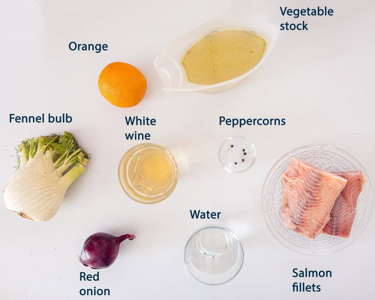 Ingredients Poached Salmon in One Pot with Orange and Fennel on a white background with text description