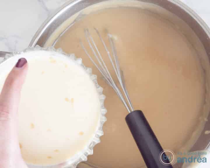 Pour the egg yolk and cream mixture into the thickened chicken soup