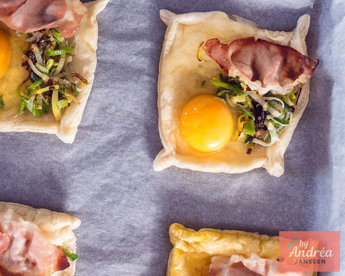 A puff pastry case filled with bacon, leek and egg