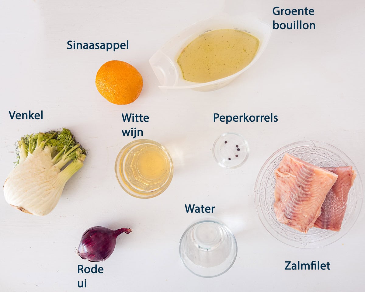 ingredienten Gepocheerde Zalm in Eén Pan met Witte Wijn op een witte ondergrond met tekstbeschrijving.