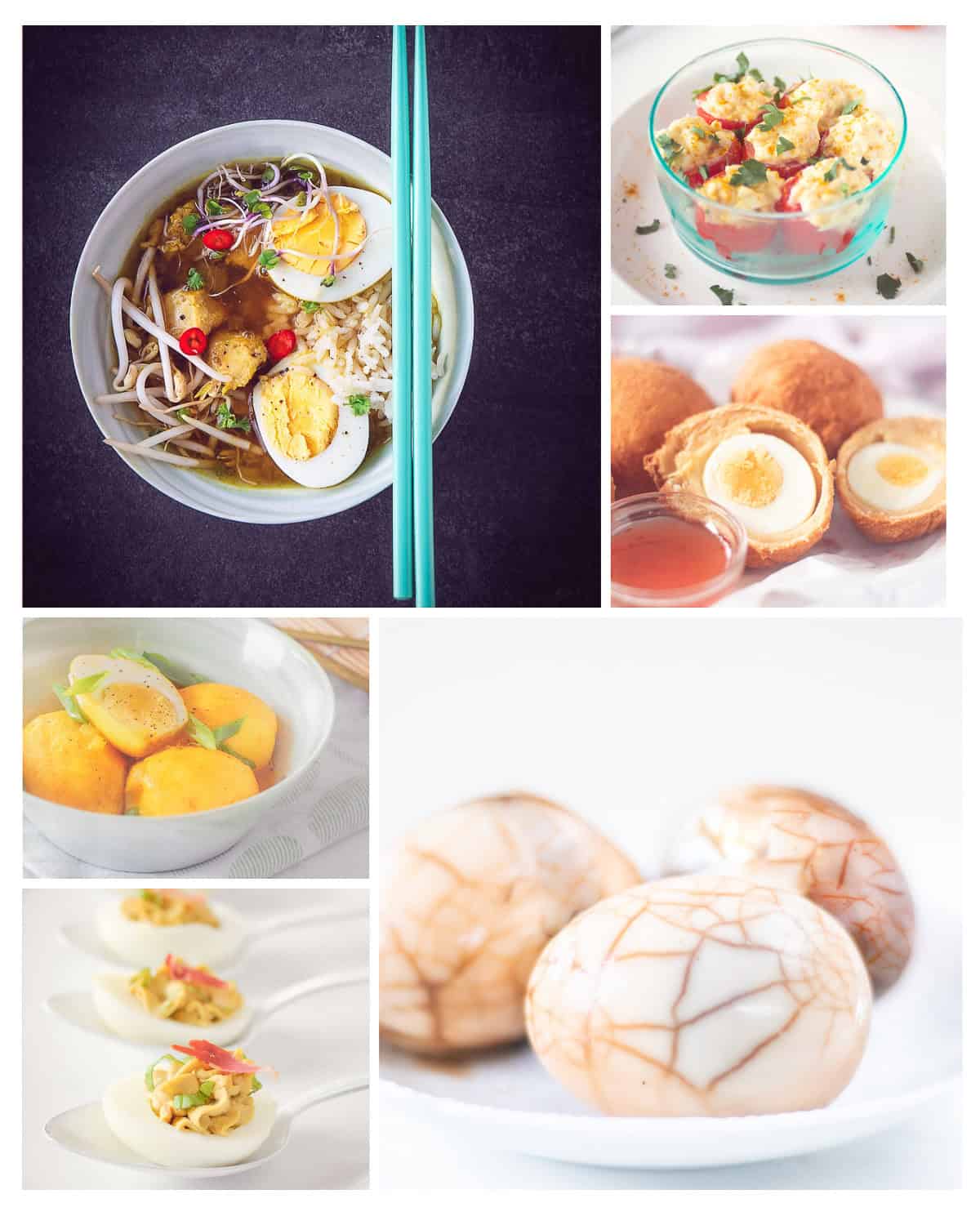 A height collage with six different pictures containing recipes with hard-boiled eggs.