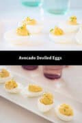 Two pictures with deviled eggs with avocado in a collage. In between a text: avocado deviled eggs