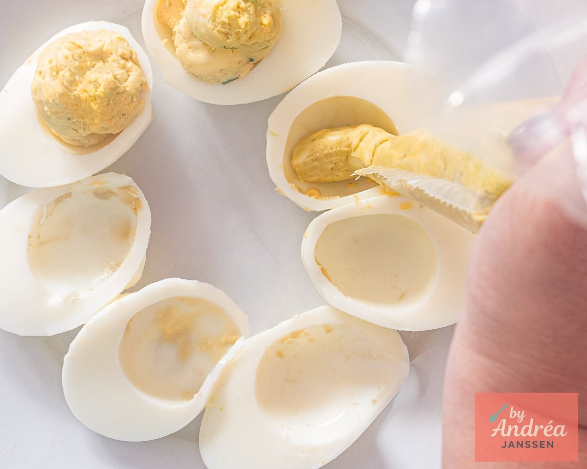 Hard boiled egg whites in a circle. The creamy egg yolks with avocado are piped into the hole