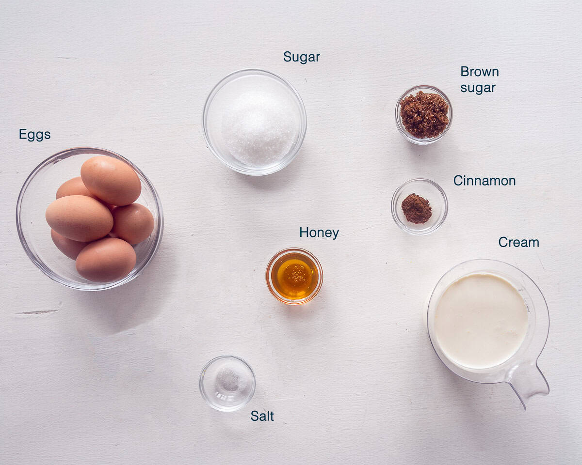 Ingredients Cinnamon Honey Crème Brûlée on a white background with text description.