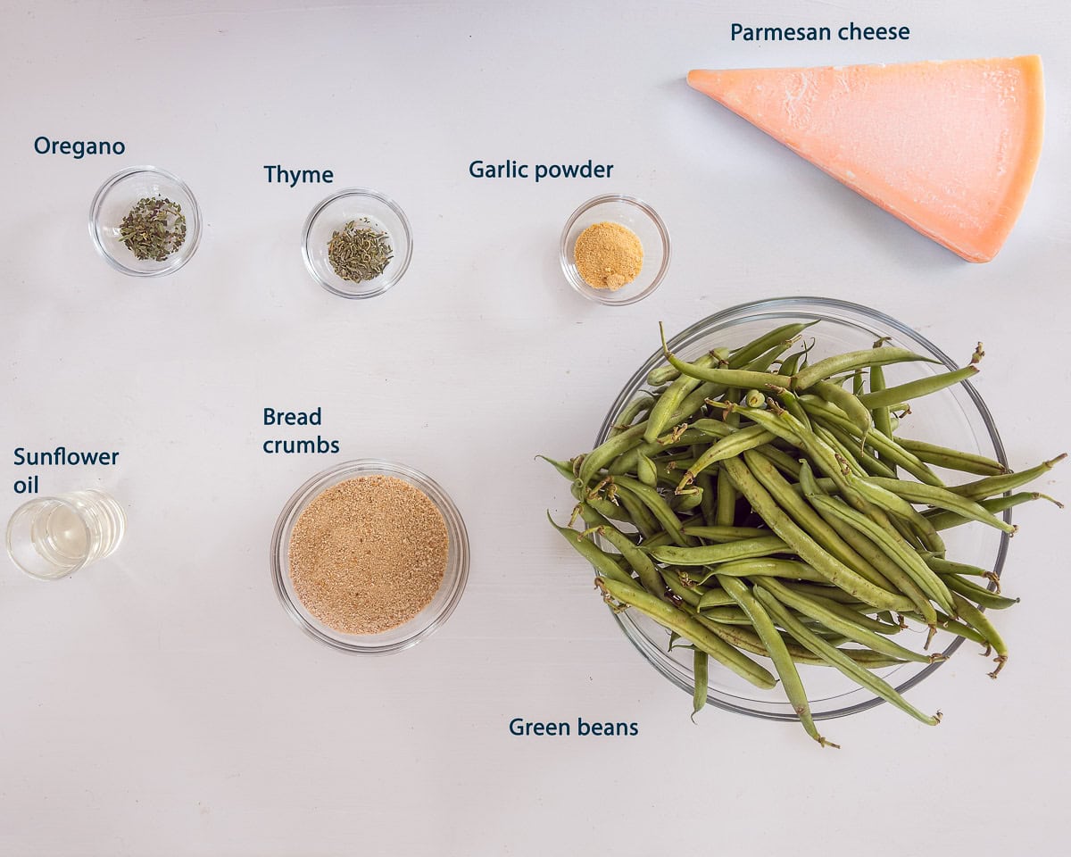 Ingredients Parmesan Green Beans on a white background with text description
