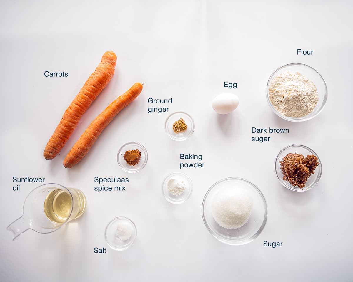 Ingredients carrot cake on a white plate with text description