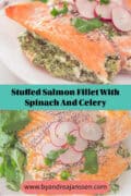 Two filled salmon pictures, in the middle text stuffed salmon fillet with spinach and celery