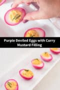 Two pictures above each other with a row purple deviled eggs. A text in between: Purple Deviled Eggs with Curry Mustard Filling