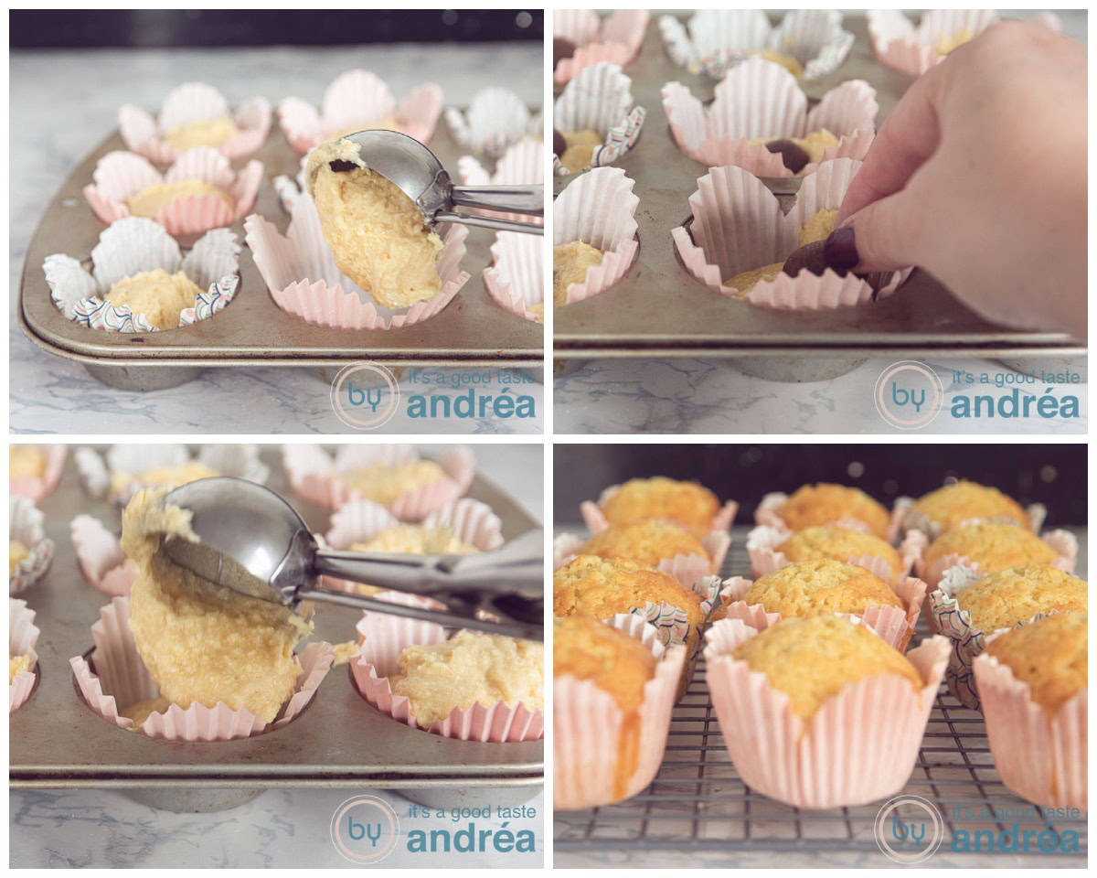 Fill the cupcake forms with batter and a chocolate egg. Bake in the oven