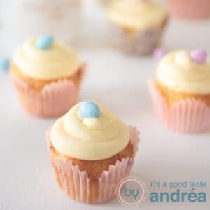 A square picture with easter cupcakes filled with chocolate eggs