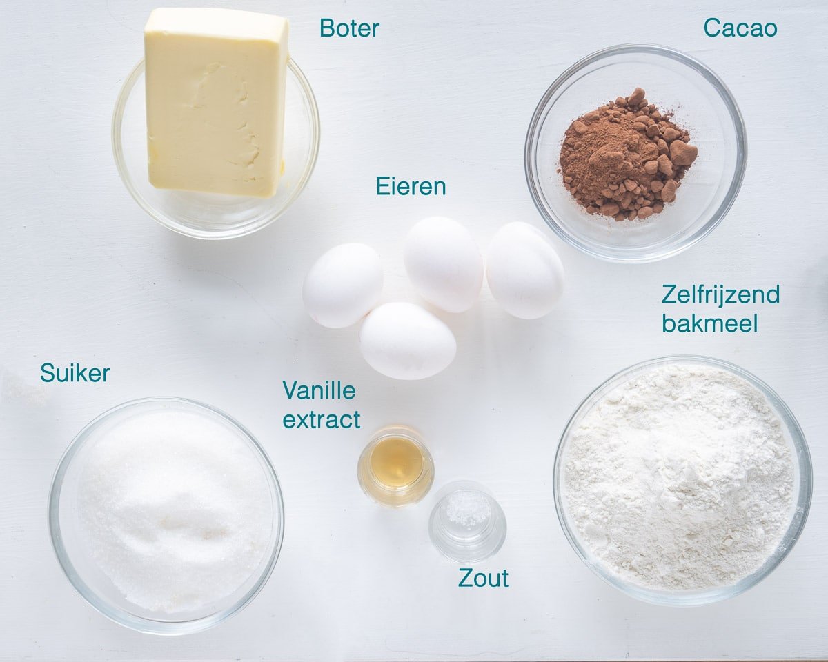 Ingrediënten Zelf Marmercake Bakken, individueel gelabeld op een witte ondergrond