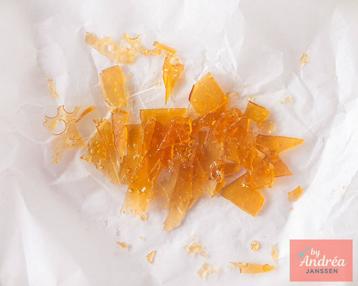 Hardened caramel scattered in pieces