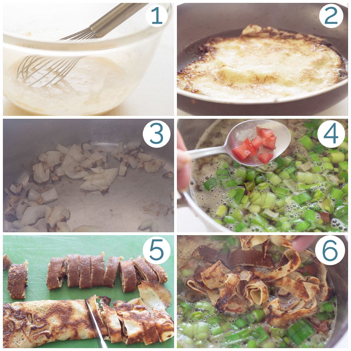 6 photos describing the preparation of flädle suppe