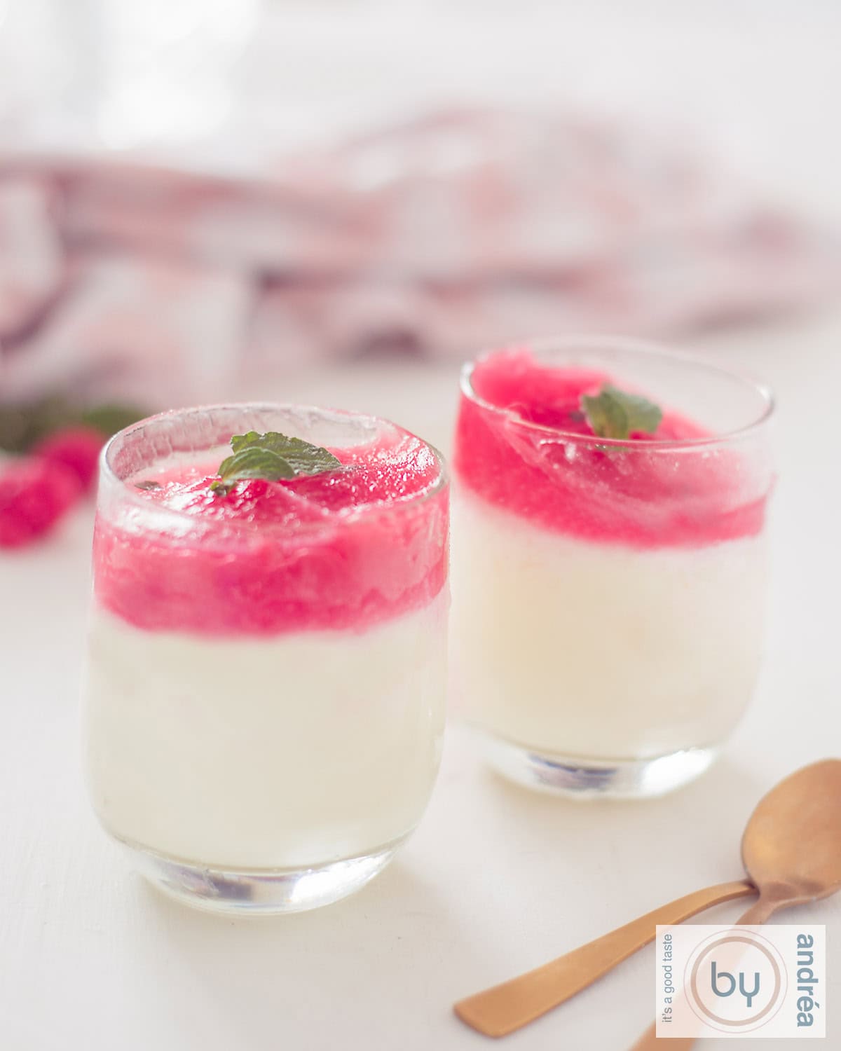 Twee glazen yoghurtijs met frambozen en munt op een witte ondergrond.