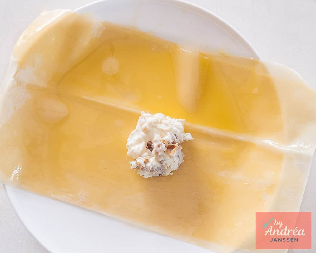 A bit of filling in the centre of the phyllo dough.