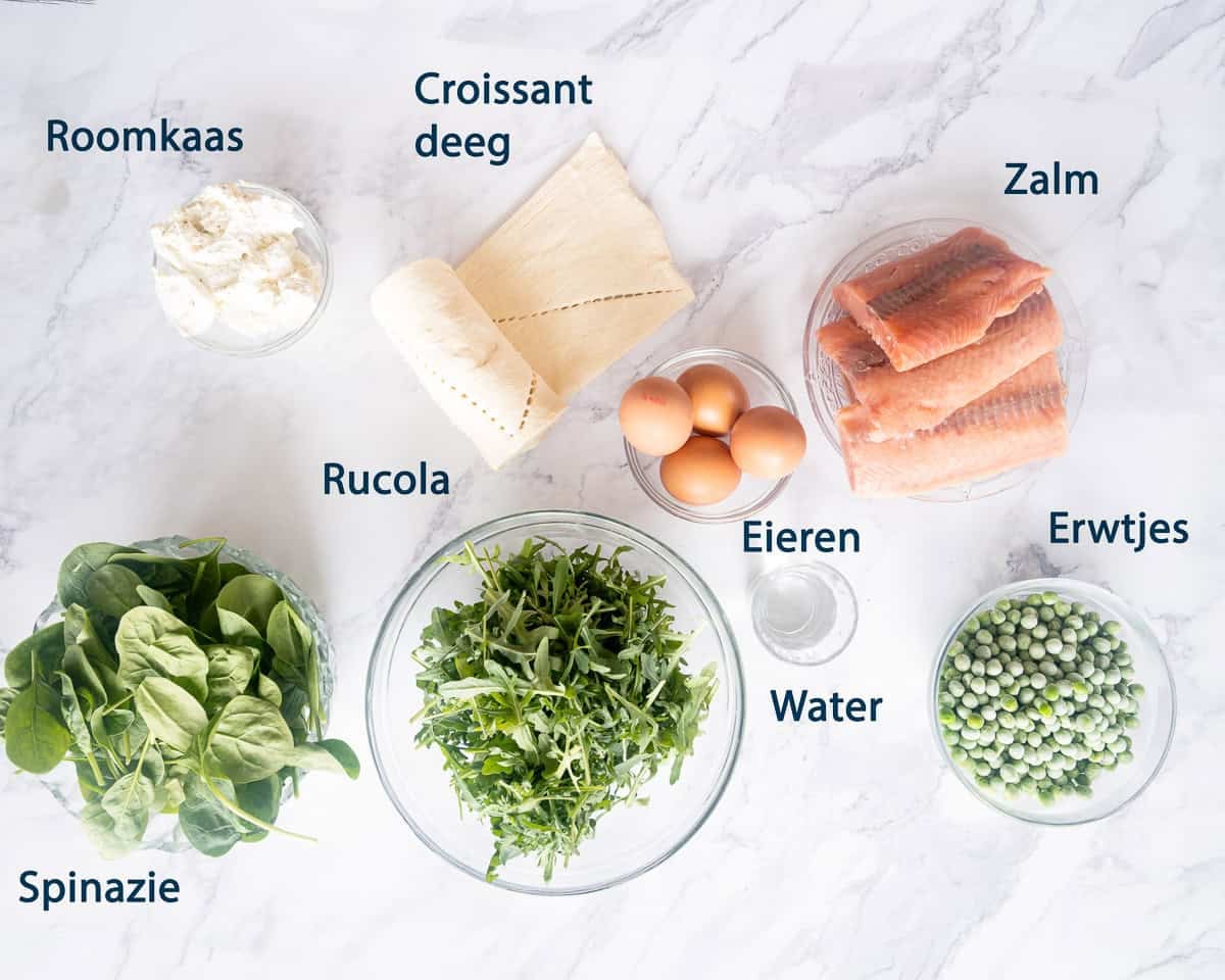 Ingredienten Ovenschotel met zalm en spinazie op een witte ondergrond met tekstbeschrijving.