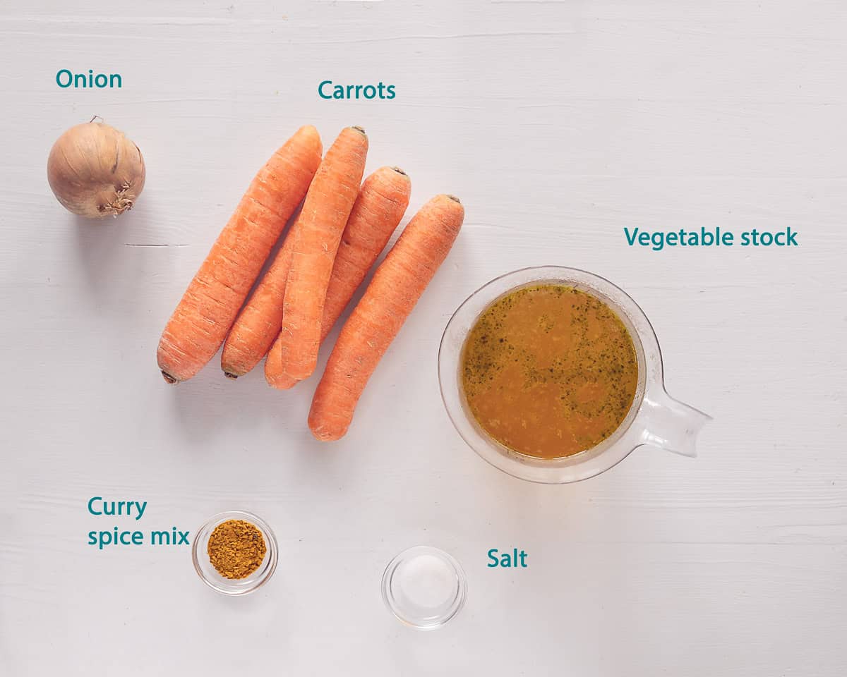 Ingredients Easy Curried Carrot Soup Recipe, on a white background, ingredients individually labelled