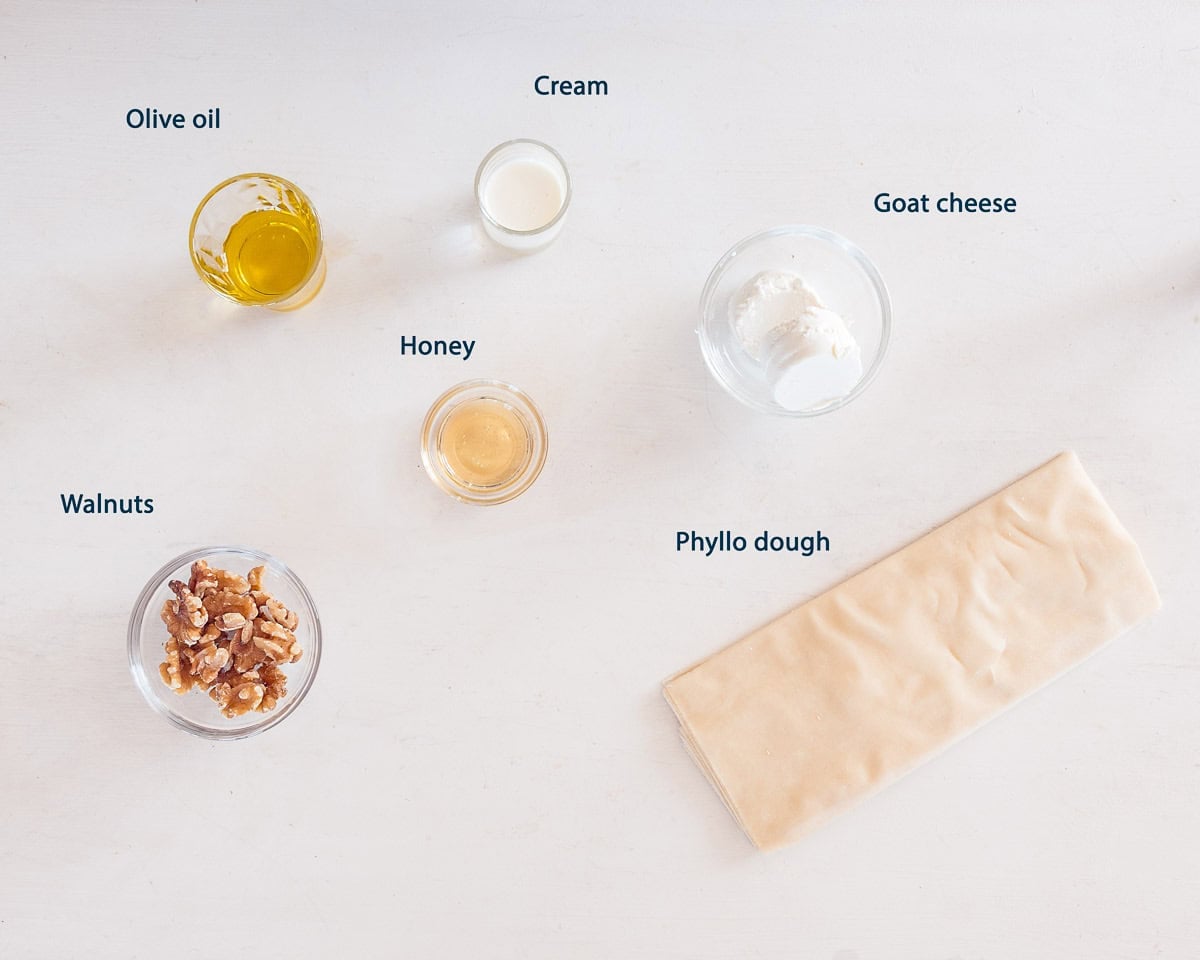 Ingredients Goat Cheese Phyllo Appetizers with Honey and Walnuts on a white background with text description
