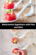Two pictures above each other with amuse-bouche watermelon, feta and mint.