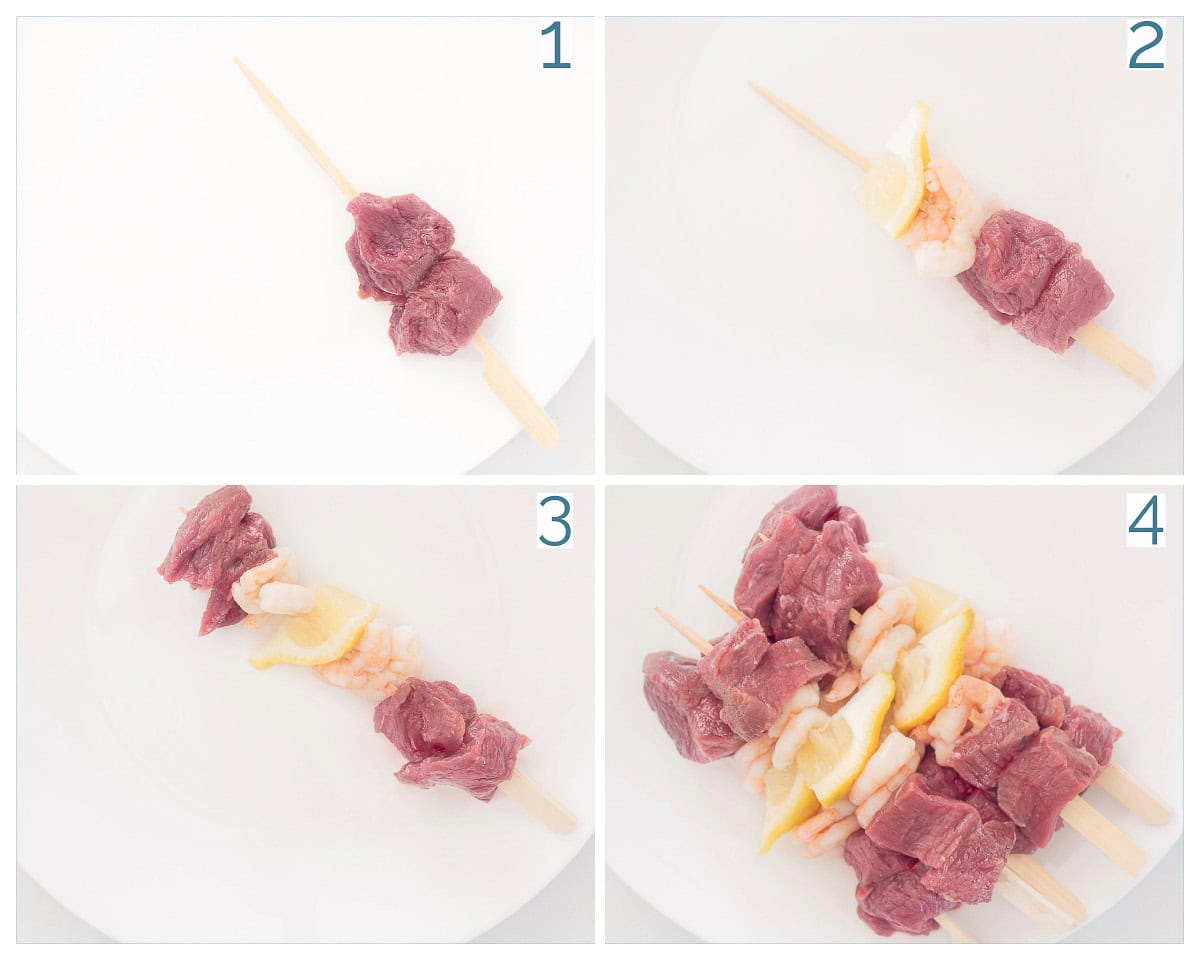 4 collage foto bereiding Surf en Turf BBQ Spiesjes met Garnalen en Biefstuk