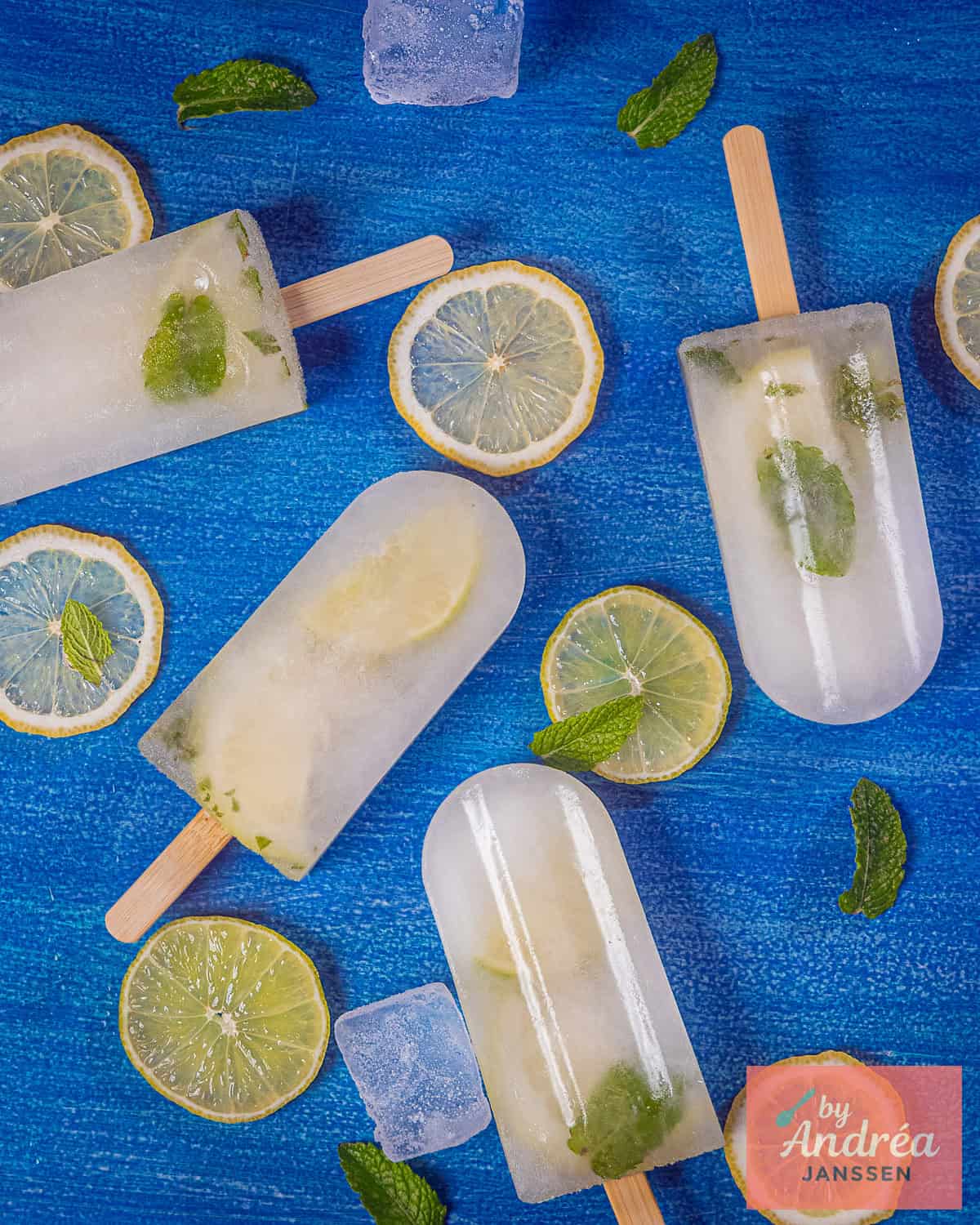 A photo from above of Lemon Ice Pops with Fresh Mint