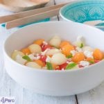 Drie kleuren meloensalade met geitenkaas en munt – three colour melon salad with goat cheese and mint-bewerkt Drie kleuren meloensalade met geitenkaas en munt - three colour melon salad with goat cheese and mint