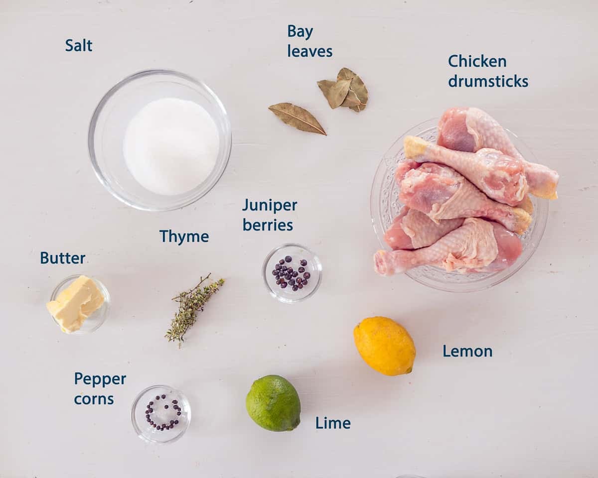 Ingredients Brined Chicken Drumsticks on a white background with text description