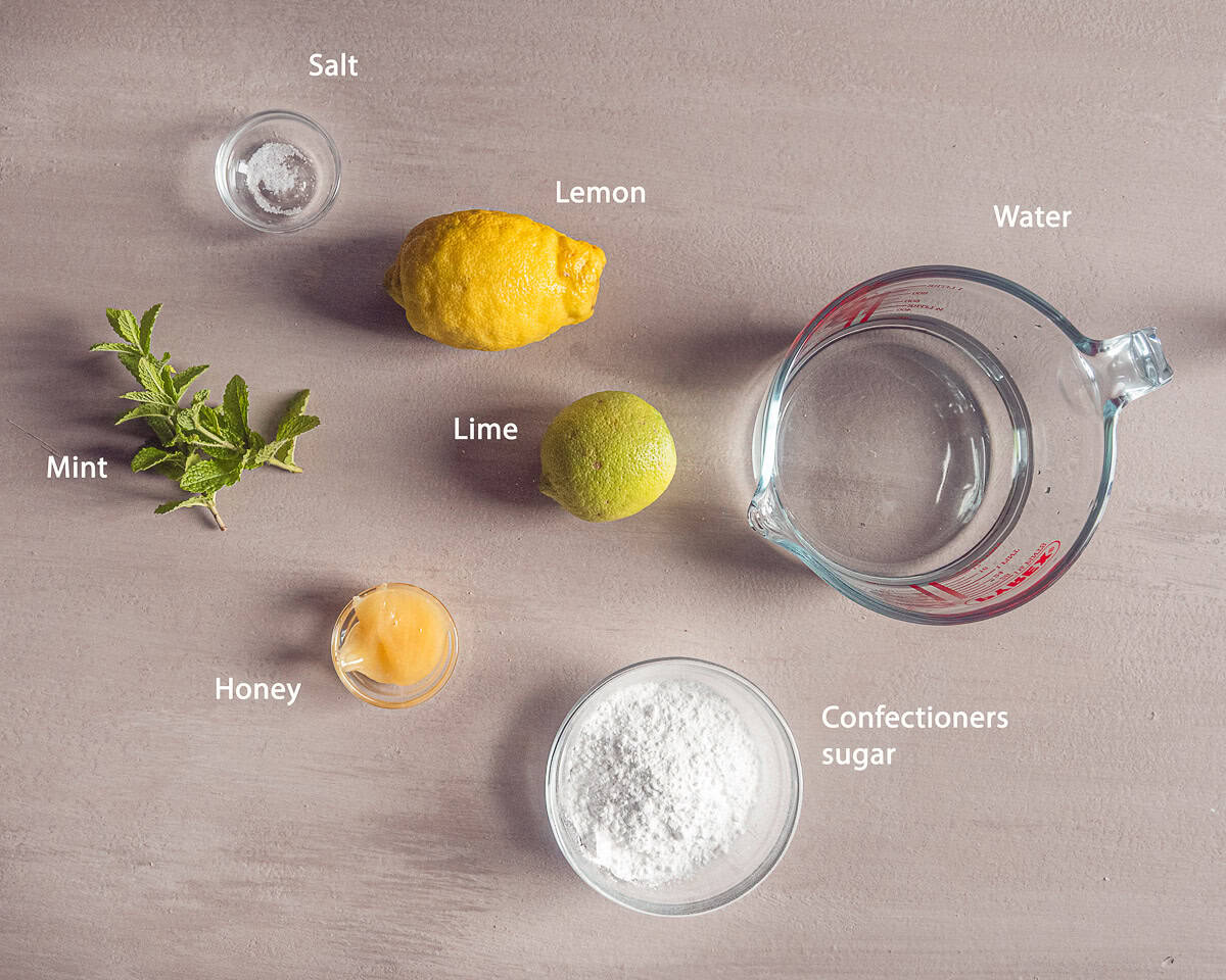 Ingredients Lemon Mint Popsicles with taupe backdrop and text description