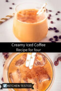 Creamy iced coffee in a stemless glass with a striped straw, coffee beans scattered around, with a top-down view of the same drink dusted with cinnamon