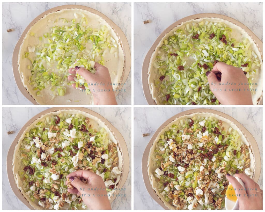 Verdeel de ingrediënten over de bodem van de quiche