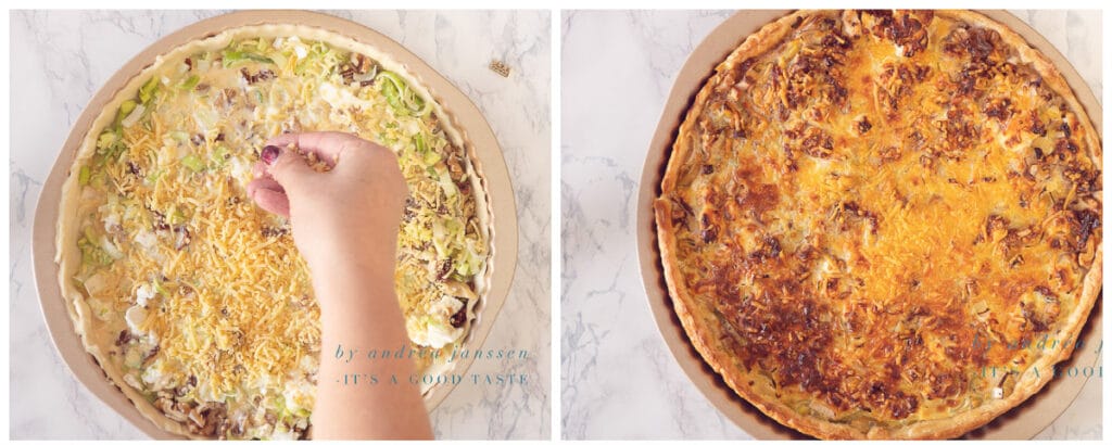 Bestrooi met kaas en bak de quiche in de oven