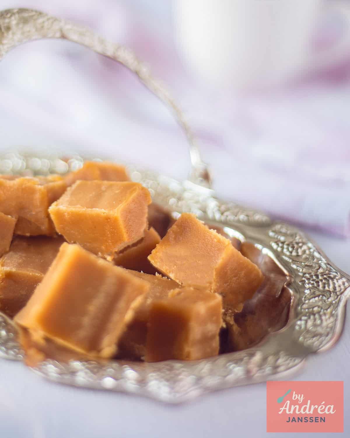 A silver platter with Homemade Caramel Fudge